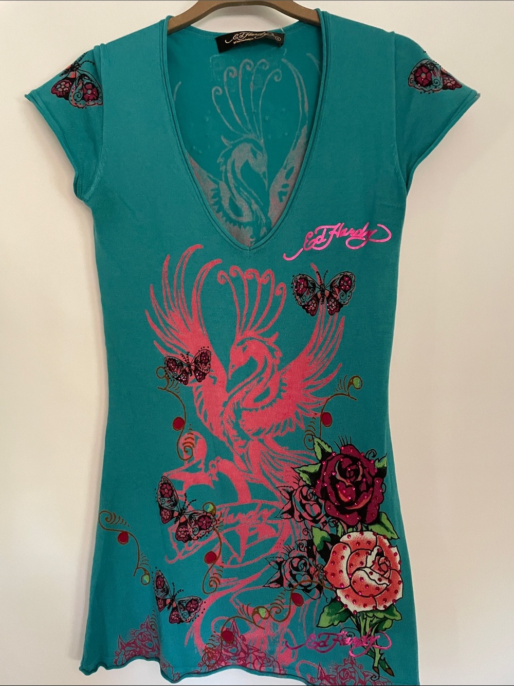 Ed Hardy Teal Rhinestone Tee with Pink Phoenix Butterfly Roses  Graphic S NWOT